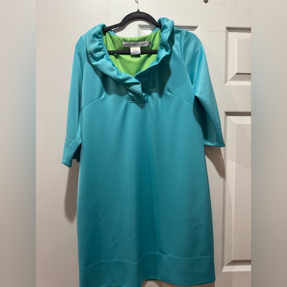Gretchen Scott Teal Shift Dress with Lime Green Lining and Ruffle Collar
